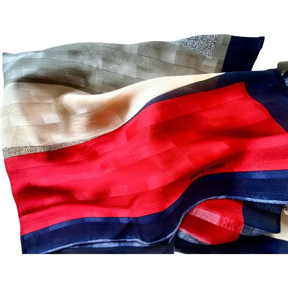 Vintage Pierre Cardin Silk Scarf 1980s Geometric Colorblock Navy Red 30x30